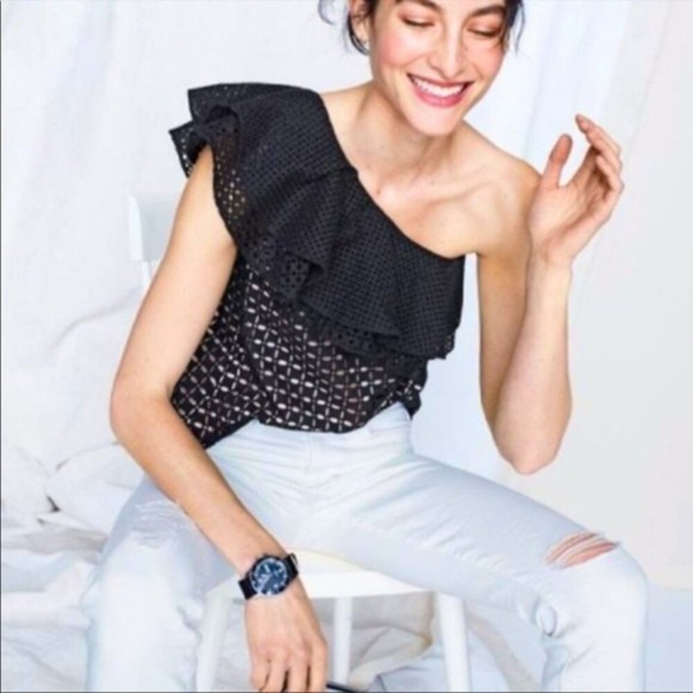 J.Crew One-shoulder Ruffle Eyelet Top in Black 2 NWOT